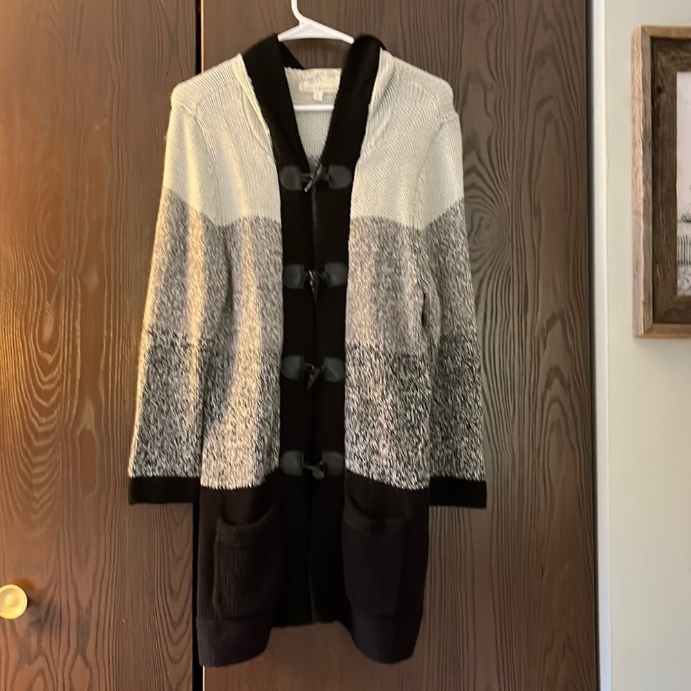 Debbie Morgan gray and black, hooded knit, long sweater jacket. Size Large